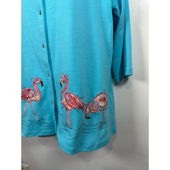 NWT Quaker Factory Medium Top Cardigan Flamingos Blue Button Up 3/4 Sleeve - Picture 14 of 15
